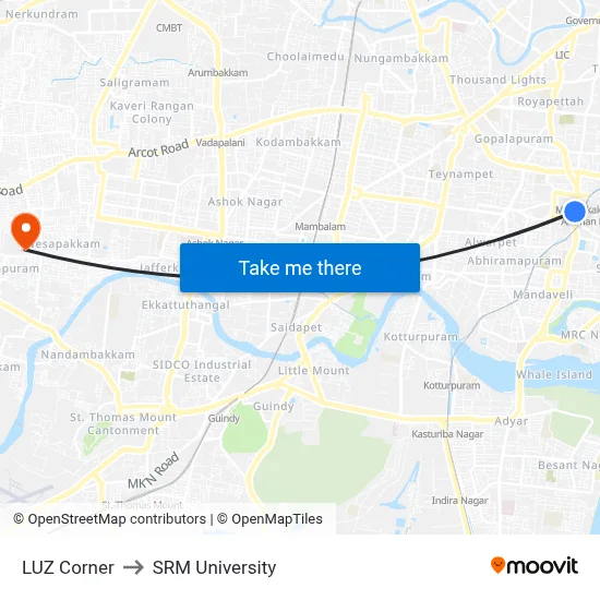LUZ Corner to SRM University map