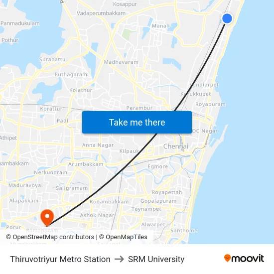Thiruvotriyur Metro Station to SRM University map