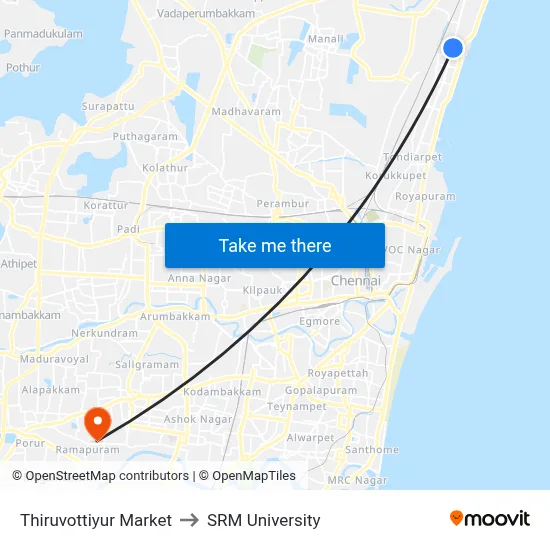 Thiruvottiyur Market to SRM University map