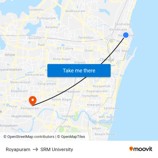 Royapuram to SRM University map