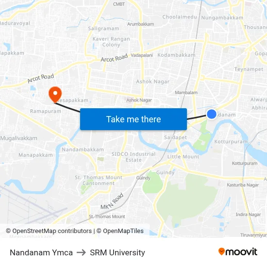 Nandanam Ymca to SRM University map