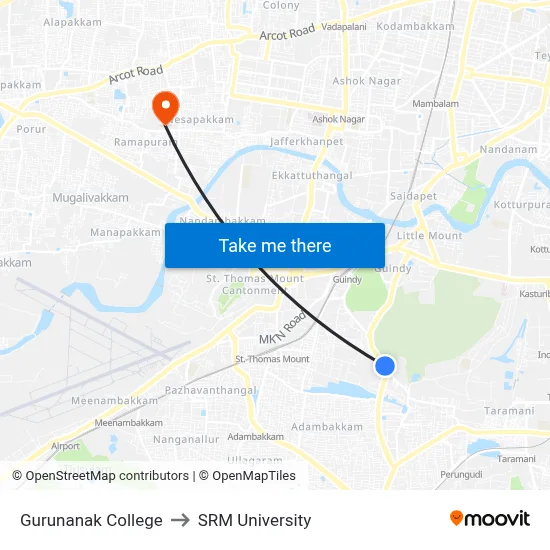 Gurunanak College to SRM University map