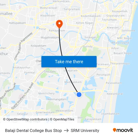Balaji Dental College Bus Stop to SRM University map