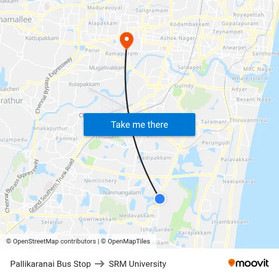 Pallikaranai Bus Stop to SRM University map