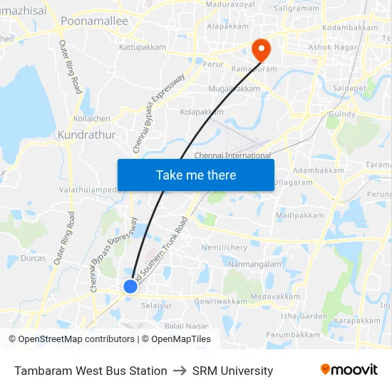 Tambaram West Bus Station to SRM University map