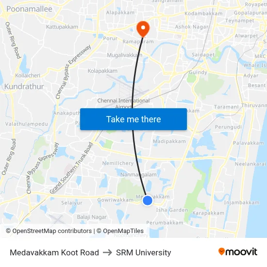 Medavakkam Koot Road to SRM University map