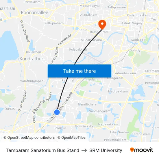 Tambaram Sanatorium Bus Stand to SRM University map