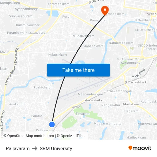 Pallavaram to SRM University map
