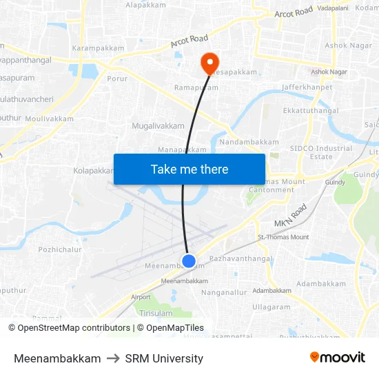 Meenambakkam to SRM University map