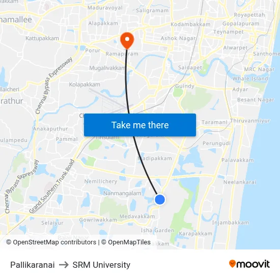 Pallikaranai to SRM University map