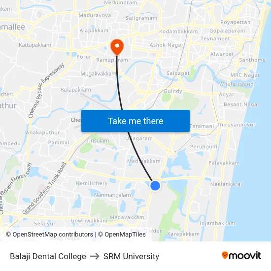 Balaji Dental College to SRM University map