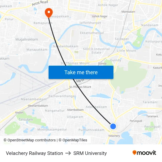 Velachery Railway Station to SRM University map
