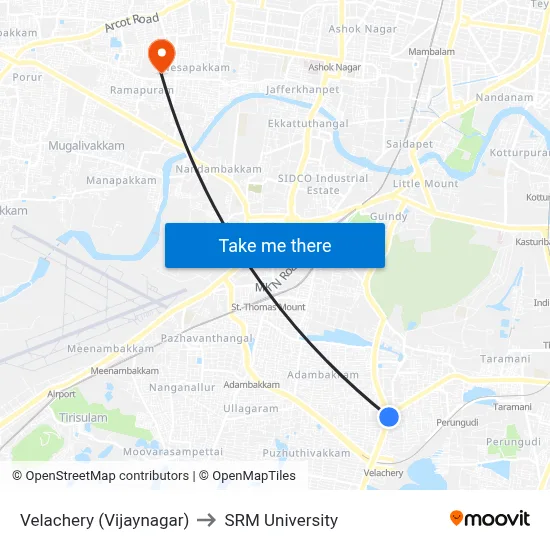 Velachery (Vijaynagar) to SRM University map