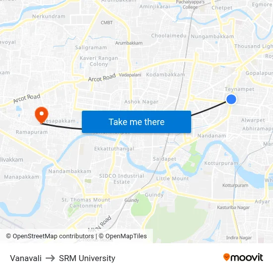 Vanavali to SRM University map