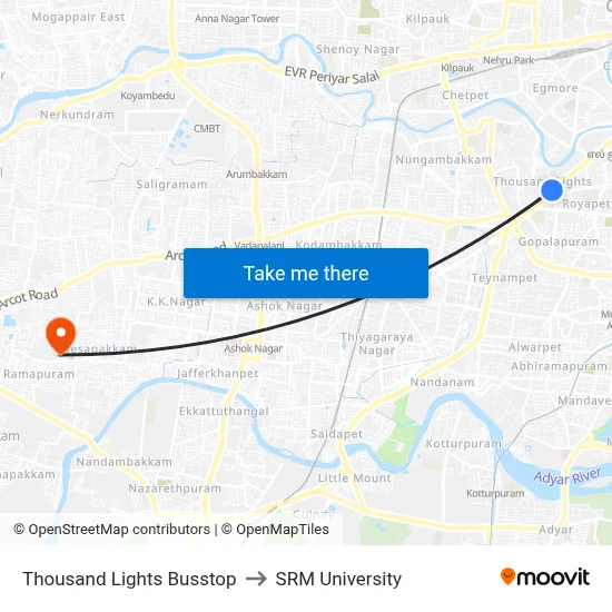 Thousand Lights Busstop to SRM University map