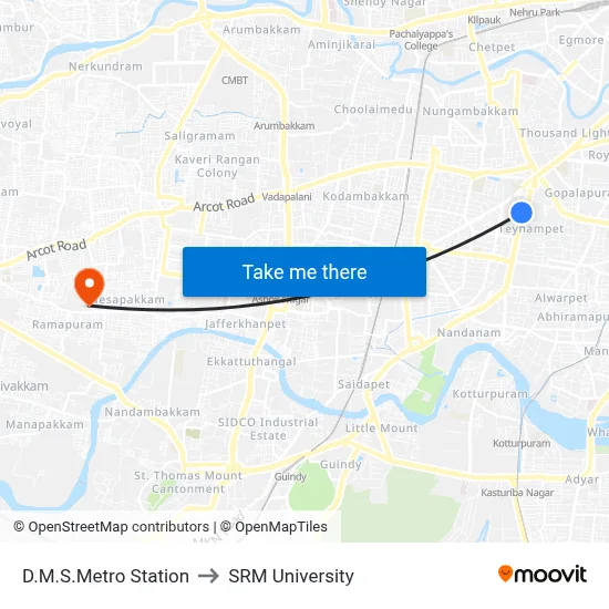 D.M.S.Metro Station to SRM University map
