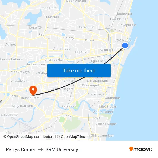 Parrys Corner to SRM University map