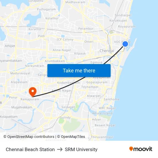 Chennai Beach Station to SRM University map