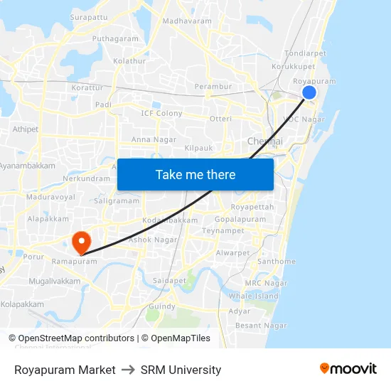 Royapuram Market to SRM University map
