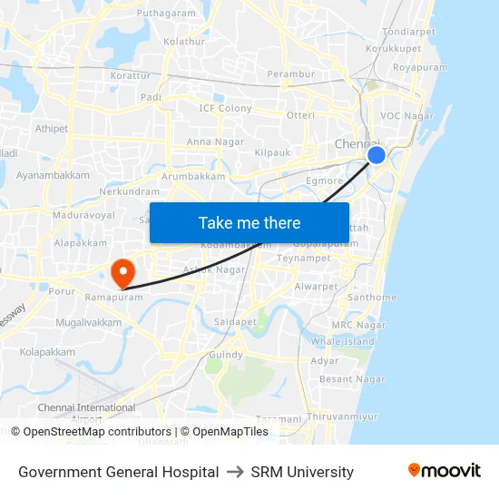Government General Hospital to SRM University map