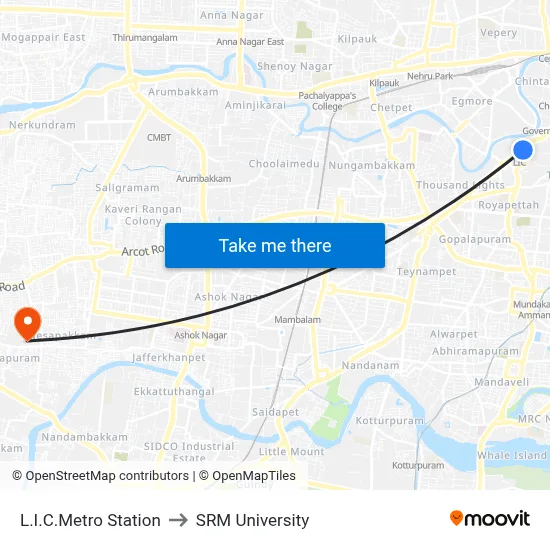 L.I.C.Metro Station to SRM University map
