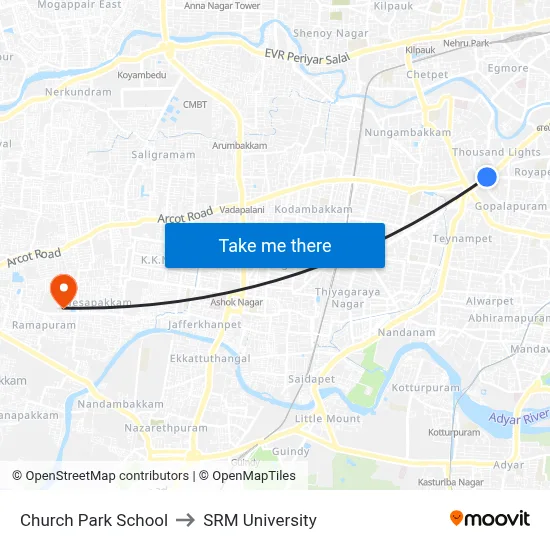 Church Park School to SRM University map