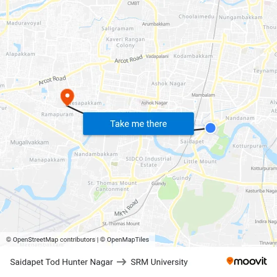 Saidapet Tod Hunter Nagar to SRM University map