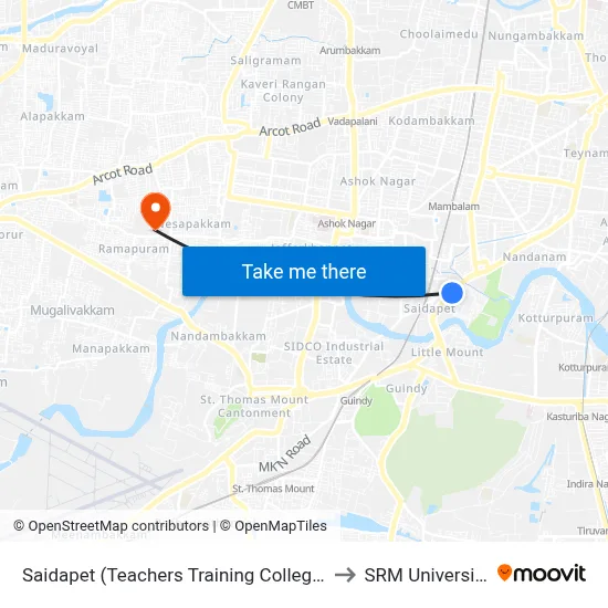 Saidapet (Teachers Training College) to SRM University map