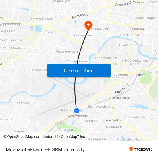 Meenambakkam to SRM University map