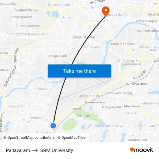 Pallavaram to SRM University map