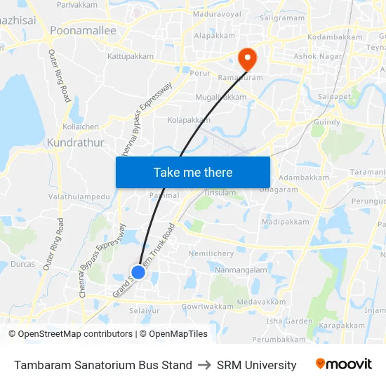 Tambaram Sanatorium Bus Stand to SRM University map
