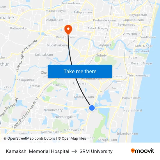 Kamakshi Memorial Hospital to SRM University map