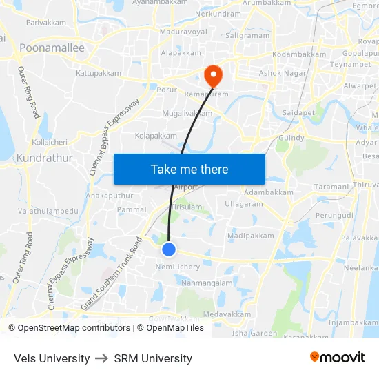 Vels University to SRM University map