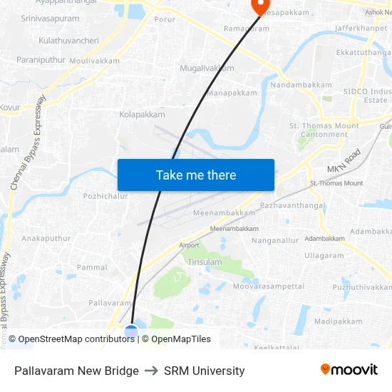 Pallavaram New Bridge to SRM University map