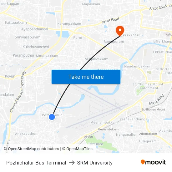 Pozhichalur Bus Terminal to SRM University map