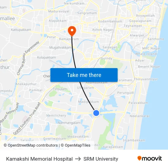 Kamakshi Memorial Hospital to SRM University map