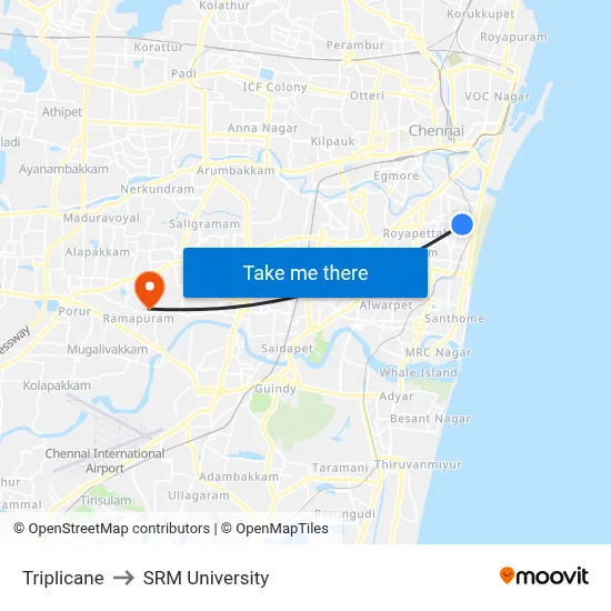 Triplicane to SRM University map
