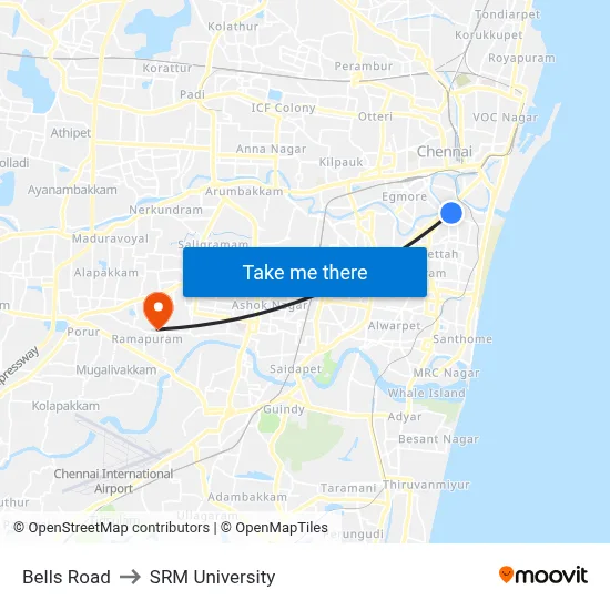 Bells Road to SRM University map
