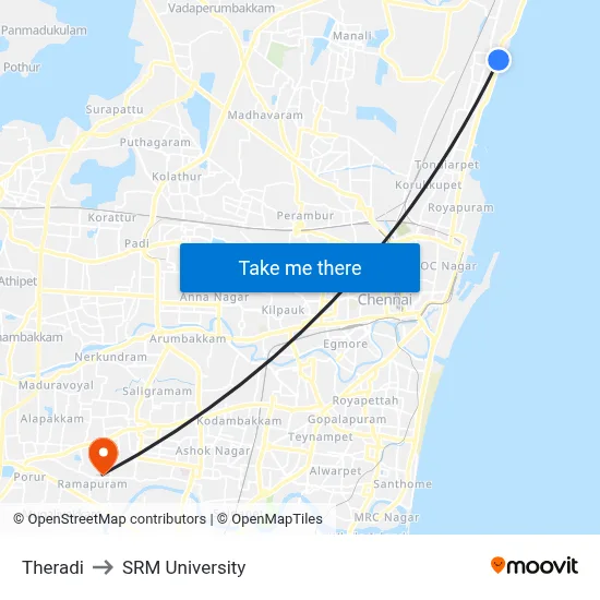 Theradi to SRM University map