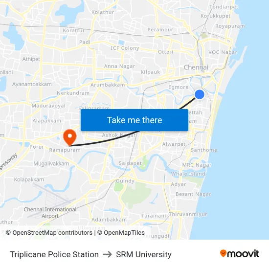 Triplicane Police Station to SRM University map