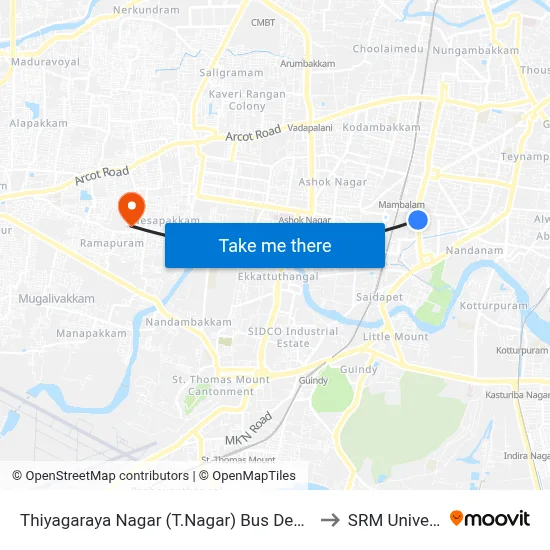 Thiyagaraya Nagar (T.Nagar) Bus Depot Corner to SRM University map