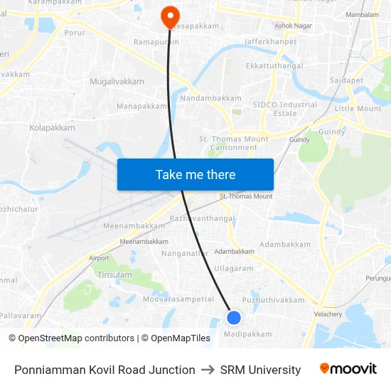 Ponniamman Kovil Road Junction to SRM University map