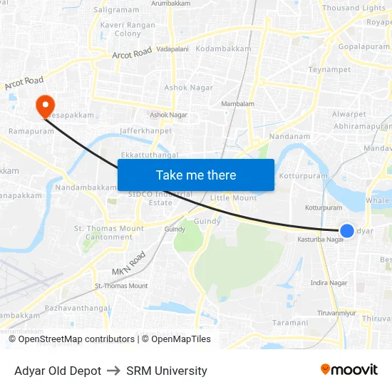 Adyar Old Depot to SRM University map