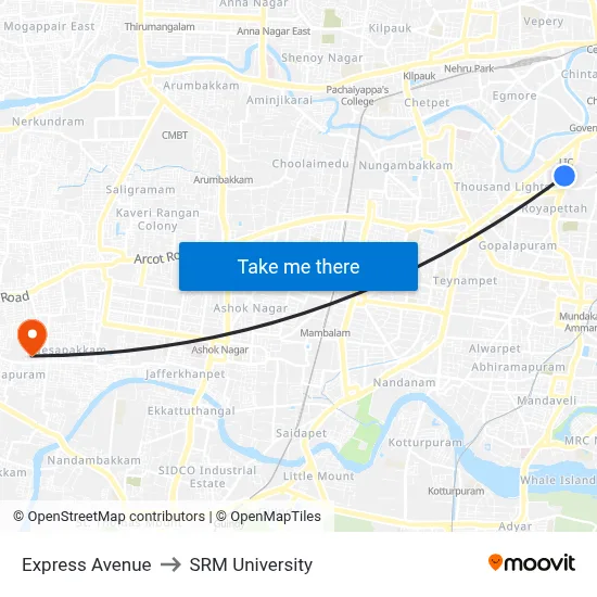 Express Avenue to SRM University map