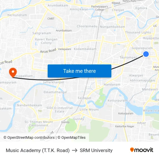 Music Academy (T.T.K. Road) to SRM University map