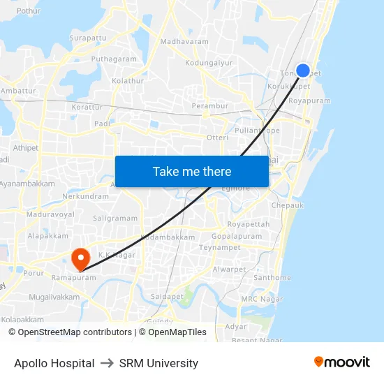 Apollo Hospital to SRM University map
