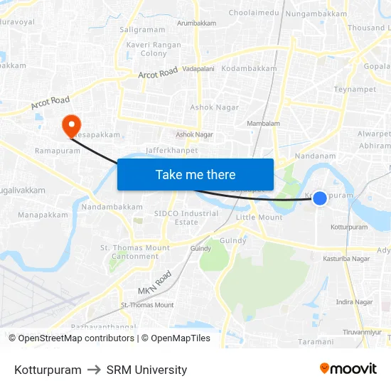 Kotturpuram to SRM University map