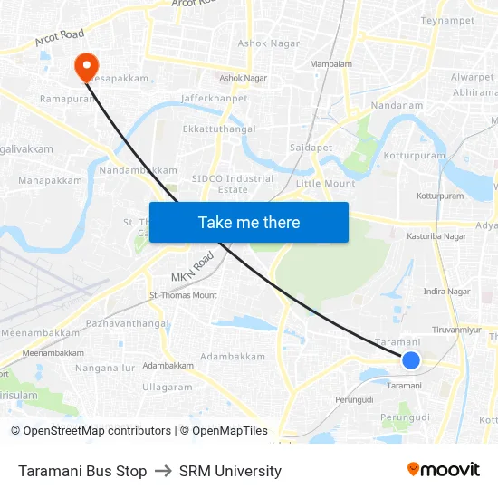Taramani Bus Stop to SRM University map