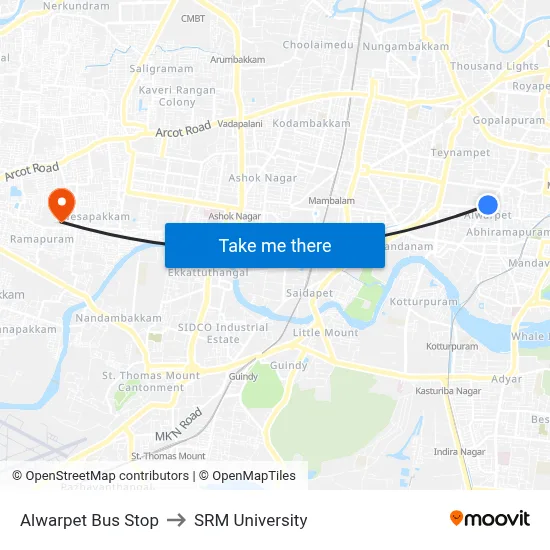 Alwarpet Bus Stop to SRM University map
