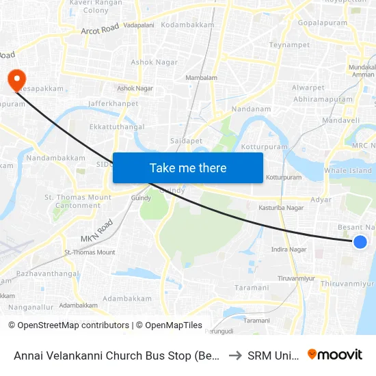 Annai Velankanni Church Bus Stop (Besant Nagar Church) to SRM University map
